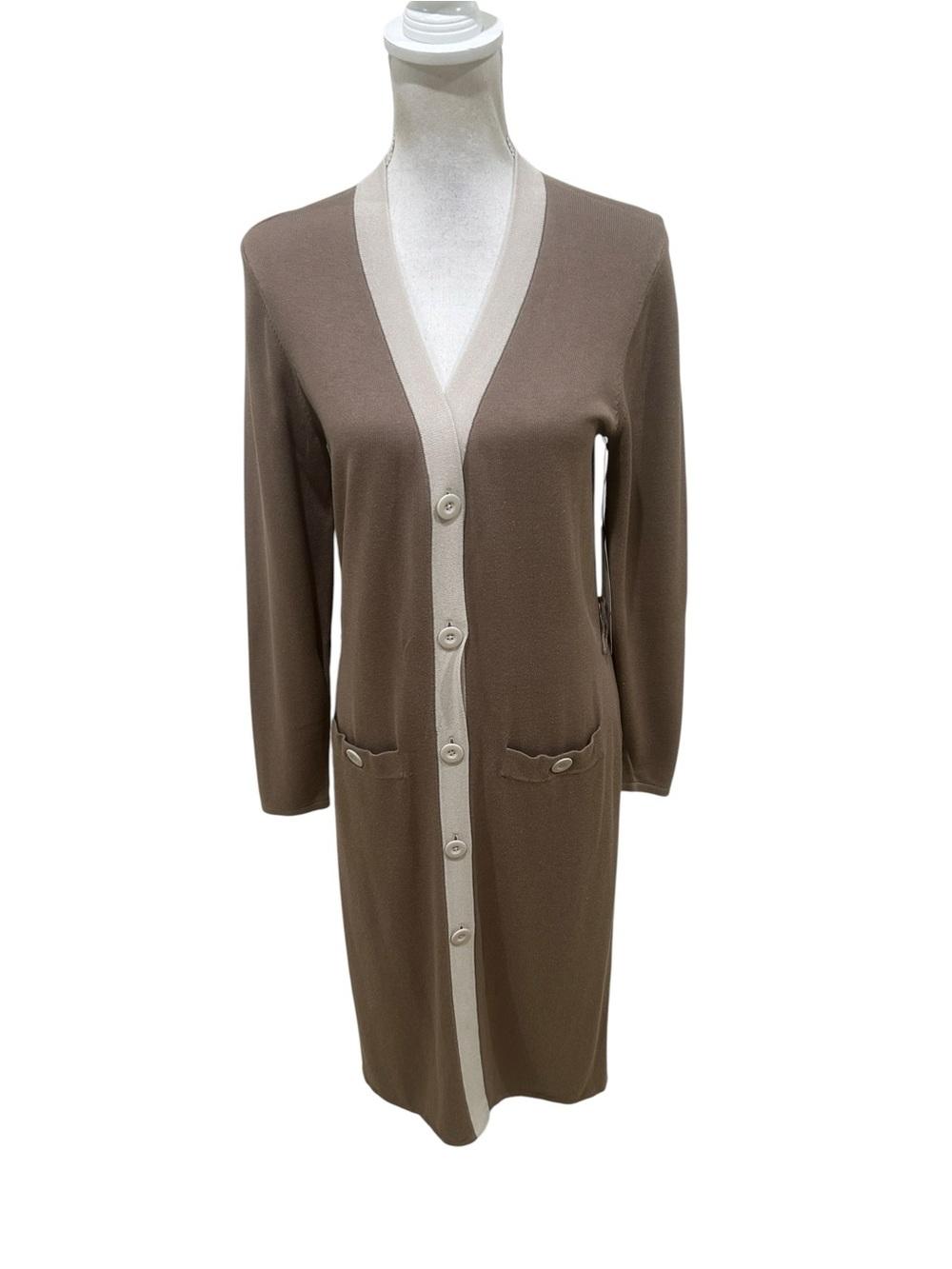 CAbi Taupe Long duster belted genteel Cardigan with Cream Trim medium